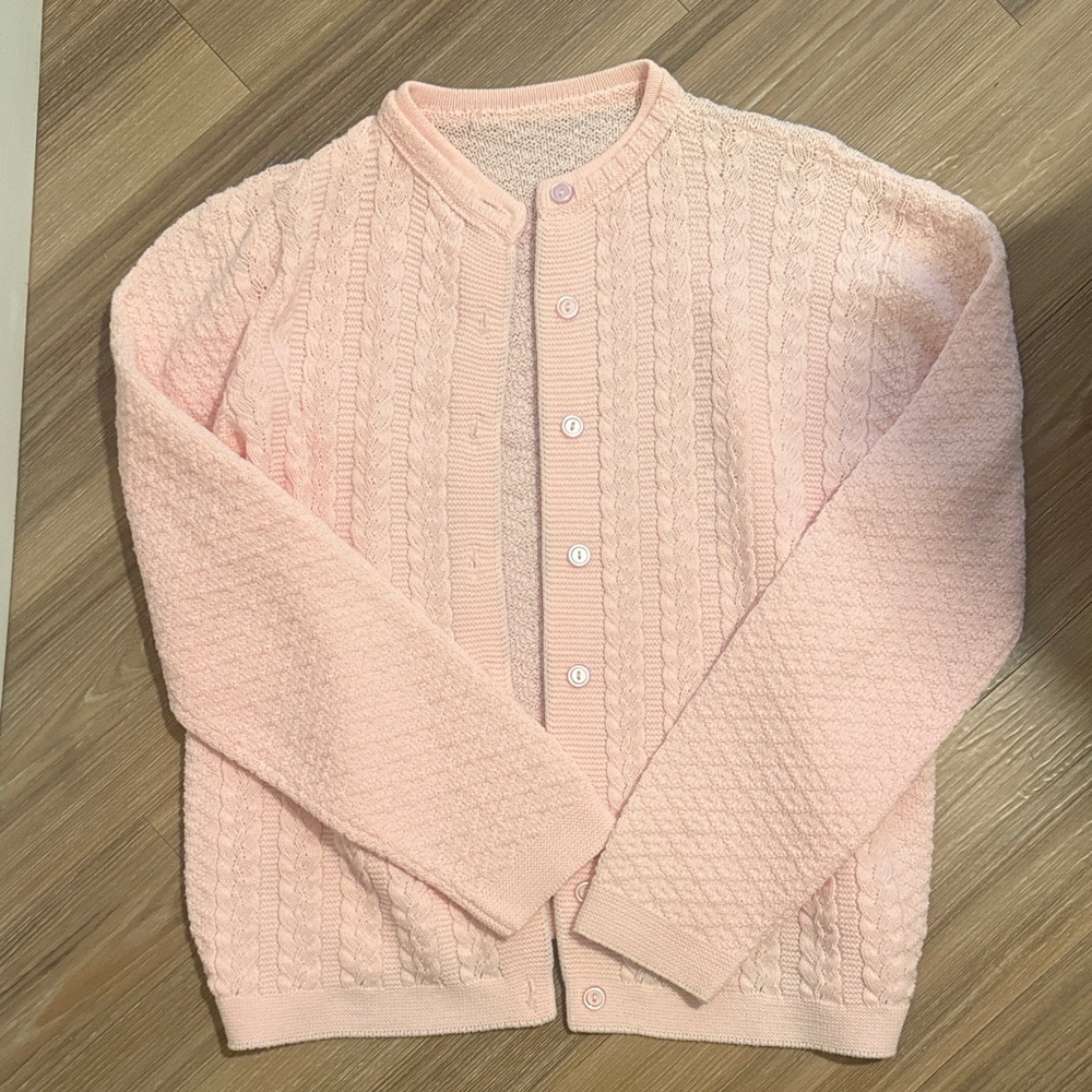 Light Pink Textured Cardigan Sweater Button Up CottageCore Grandma Style